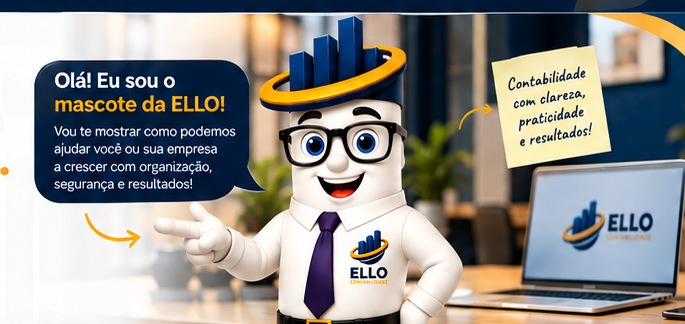 Mascote da ELLO Contabilidade e ambiente de trabalho